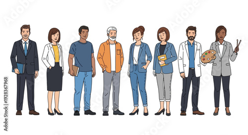 Diverse group of business professionals and creatives standing together, showcasing various career paths and inclusivity.