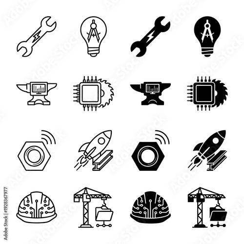 Hybrid industrial engineering icon set merging traditional construction tools with digital technology elements in outline and solid glyph styles