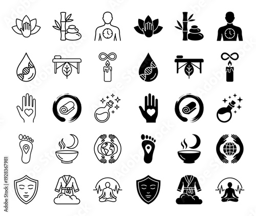 Wellness and holistic therapy icon set featuring hybrid symbols like DNA water drops and lotus hands in both minimalist outline and solid styles