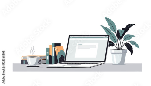 Modern illustration of a minimal desk setup featuring a laptop coffee cup and potted plant