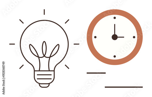 Productivity, innovation, time planning, creativity, brainstorming, scheduling. A line-art lightbulb next to a clock icon. Productivity and innovation through simple symbolic elements