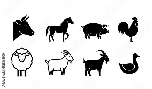 Minimal Farm Livestock Silhouette Icon Set Black Agriculture Vector On White