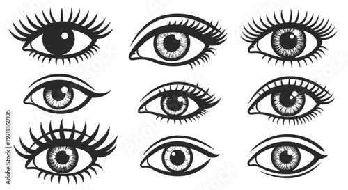 Collection of Hand- Drawn Black and White Eyes with Detailed Eyelashes drawing hand drawn