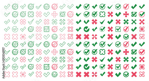 Collection of colorful checkmarks crosses and floral icons on white