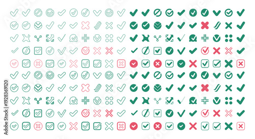 Collection of colorful checkmark and cross symbols in various styles