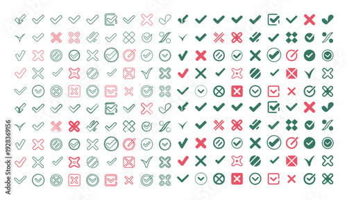 Collection of checkmarks and crosses in varying styles and colors