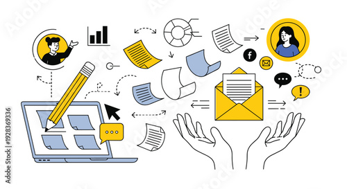 Digital communication and content creation process with a laptop, email, and flying documents