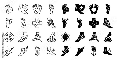 Foot care and podiatry icons featuring hybrid symbols of medical health wellness and biomechanical anatomy for clinical treatment and therapy