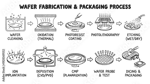 Fotografía Hand Drawn Infographic of Wafer Fabrication and Packaging Process, A detailed, hand-drawn educational diagram illustrating the complete wafer fabrication and packaging process