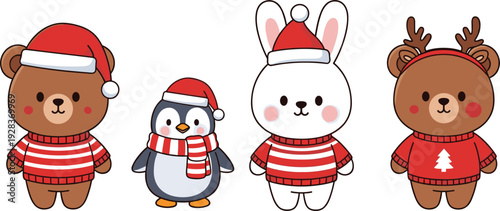 Set of cute kawaii Christmas animal characters including teddy bear penguin bunny rabbit and reindeer wearing red winter sweaters and santa hats isolated on white background.