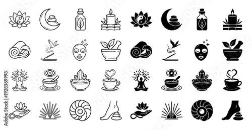 Collection of hybrid wellness and spa icons merging elements like lotus flowers with yin yang symbols and zen stones with crescent moons in linear and solid styles