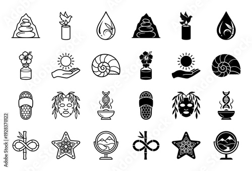 Wellness and spirituality hybrid icon set featuring zen stone mountain candle dove water drop leaf hibiscus bottle and sun hand symbols
