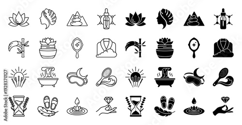 Professional wellness and holistic therapy icon set featuring hybrid designs of lotus flowers acupuncture needles zen stones and luxury spa elements