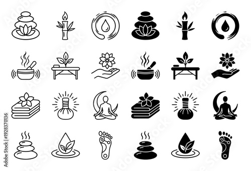 Zen spa and holistic wellness icon set featuring hybrid symbols of lotus flowers stone stacks massage tables and meditation figures in line and solid style