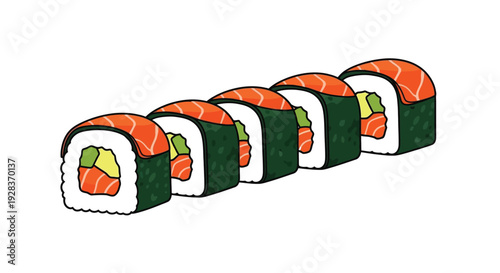 A vibrant illustration of six delicious salmon and avocado sushi rolls ready to be enjoyed.