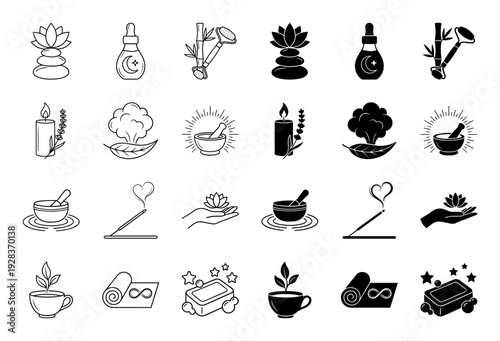 Collection of holistic wellness and self care icons featuring hybrid designs merging nature elements with spa therapy and mindful meditation symbols