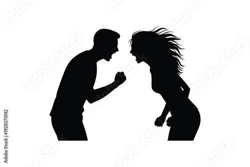 Angry Man and Woman Arguing Face to Face Silhouette - Couple Shouting During Relationship Conflict Black Silhouette