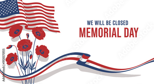 Memorial Day patriotic banner with American flag and poppies