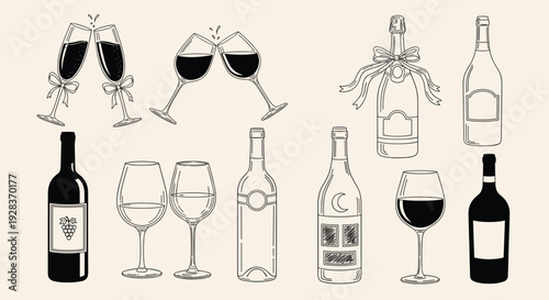 Hand Drawn Sketch Style Wine Bottles Glasses and Champagne Flutes