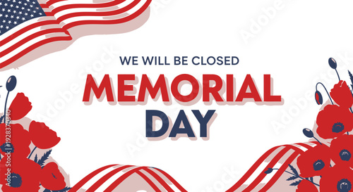 Memorial Day banner with American flag and poppies