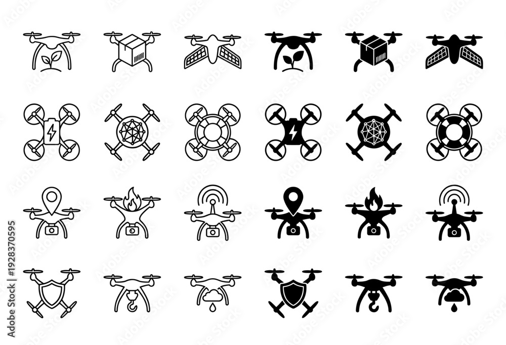 Obraz premium Set of hybrid drone icons merging unmanned aerial vehicles with functional symbols like shield camera battery and seedling for diverse service utility