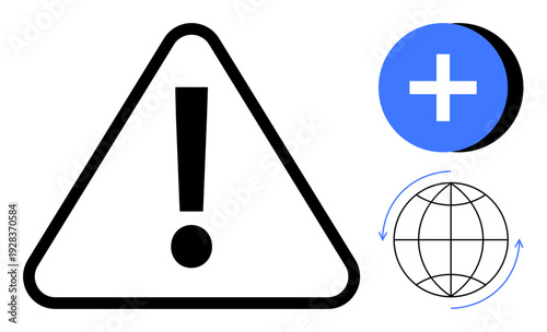 Warning sign concept. Warning icon paired with medical cross and globe app icon for global health and safety awareness. Warning for medical alerts or healthcare systems. Suitable for public health