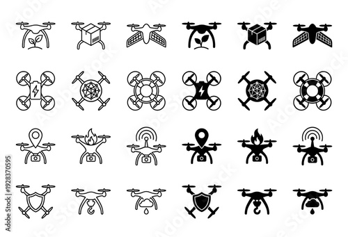 Set of hybrid drone icons merging unmanned aerial vehicles with functional symbols like shield camera battery and seedling for diverse service utility