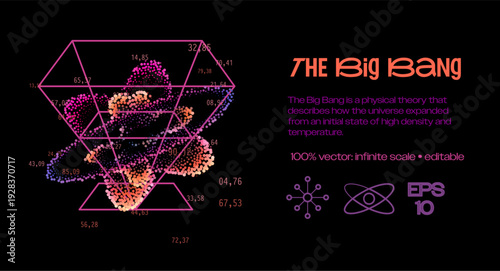 Vibrant particle explosion in pink orange purple forming cosmic diamond shape on black. Conceptual vector illustration for Big Bang theory, universe origin, cosmology expansion.
