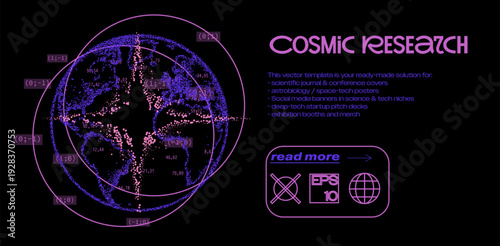 Vector illustration features a stylized Earth globe formed by dense glowing purple and pink particle dots, encircled by orbital paths with mathematical coordinates in neon pink.