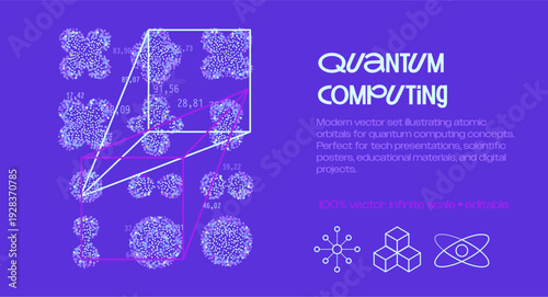 Vector illustration displays a modern set of glowing particle-based atomic orbitals as cloverleaf and multi-lobed flower-like shapes in lavender and purple tones, connected by magenta geometric lines.