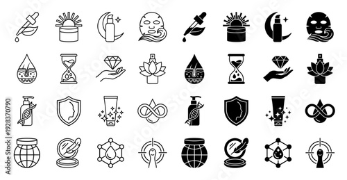 Skincare and dermatology hybrid icons merging medical science with organic beauty elements featuring linear and solid glyph style for cosmetic branding