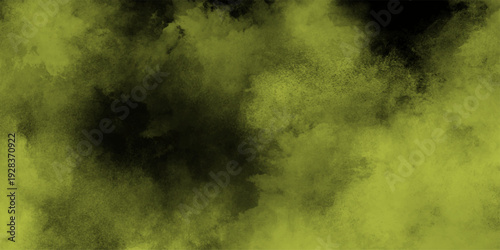 Abstract green smoke on black background, old style dark green grunge texture. Futuristic mysterious flowing digital Smoke from fireless candle on light wall.  Yellow powder dust smoke on black bg. 