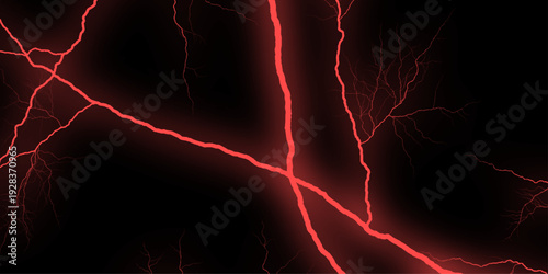 Lightning on the sky with stormy clouds. Cloudy, with a no-nonsense red Rabbitohs. Dramatic illustration of vivid red lightning strikes against stark black backdrop