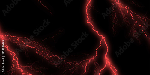 Lightning on the sky with stormy clouds. Cloudy, with a no-nonsense red Rabbitohs. Dramatic illustration of vivid red lightning strikes against stark black backdrop