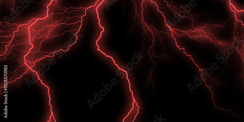 Lightning on the sky with stormy clouds. Cloudy, with a no-nonsense red Rabbitohs. Dramatic illustration of vivid red lightning strikes against stark black backdrop. 