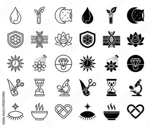 Skincare and beauty industry hybrid icon set featuring laboratory science combined with organic nature elements in outline and solid glyph styles