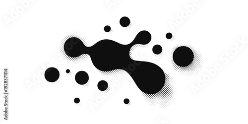 Abstract Black Ink Blot Seamless Pattern, Halftone Dots Blob Shape, Modern Minimalist Amoeba Design, Black and White Organic Fluid Background.
