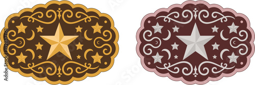 Western sheriff badge belt buckle set with ornate star design vintage cowboy emblem vector illustration isolated on white background classic western lawman decorative artwork