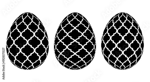Three elegant Easter egg silhouettes with intricate trellis and diamond patterns for luxury holiday marketing