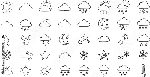 Set of hand-drawn weather icons, including sun, clouds, rain, snow, lightning, moon, stars, wind, and thermometer. Simple line art for forecasts, meteorological symbols, and seasonal themes.