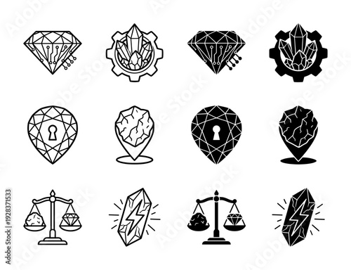 Set of hybrid crystal and mineral icons featuring a diamond with circuit lines a gear with raw gems a padlock within a gemstone and a balance scale