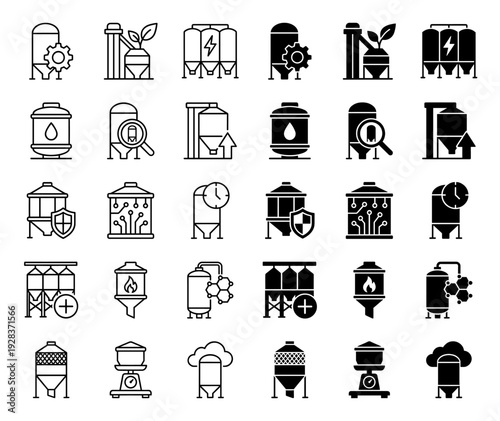 Industrial silo and grain elevator icon set featuring hybrid symbols for agriculture storage processing biomass energy and smart farm management