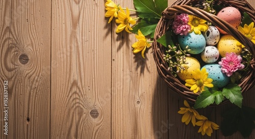 Easter sunday celebration with colorful eggs and flowers
