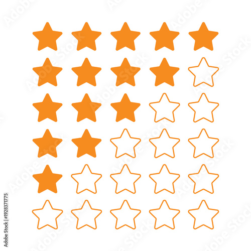 Orange five star customer feedback rating icon collection. Customer star rating feedback grid icon set in orange.
