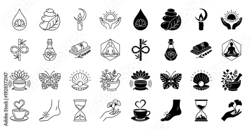 Wellness and holistic therapy icon set featuring hybrid symbols like lotus drop bamboo infinity and zen stone leaf in outline and solid styles