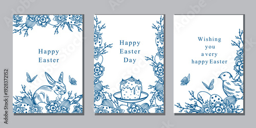 Easter cards set. A chick, a bunny and an Easter cake, decorated with spring flowers, twigs, butterflies and eggs. Hand drawn vector illustration. Monochrome blue clip art suitable for posters.