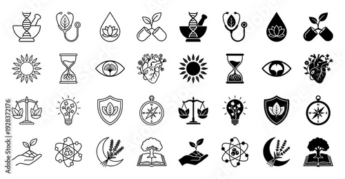 Collection of hybrid holistic health icons merging medical science with herbal nature elements in minimalist line and solid silhouette styles