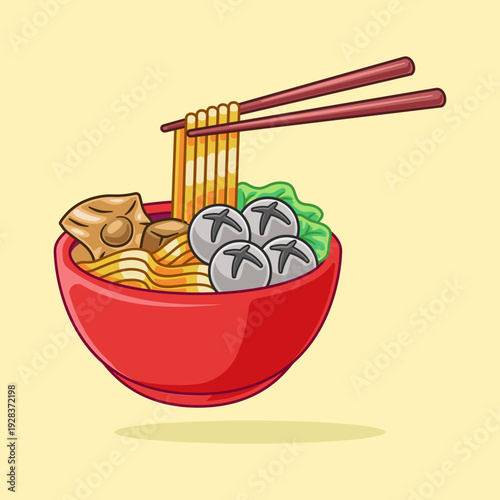 Cartoon Noodle Bowl with Meatballs and Chopsticks Vector Design. Asian Food Vector Illustration