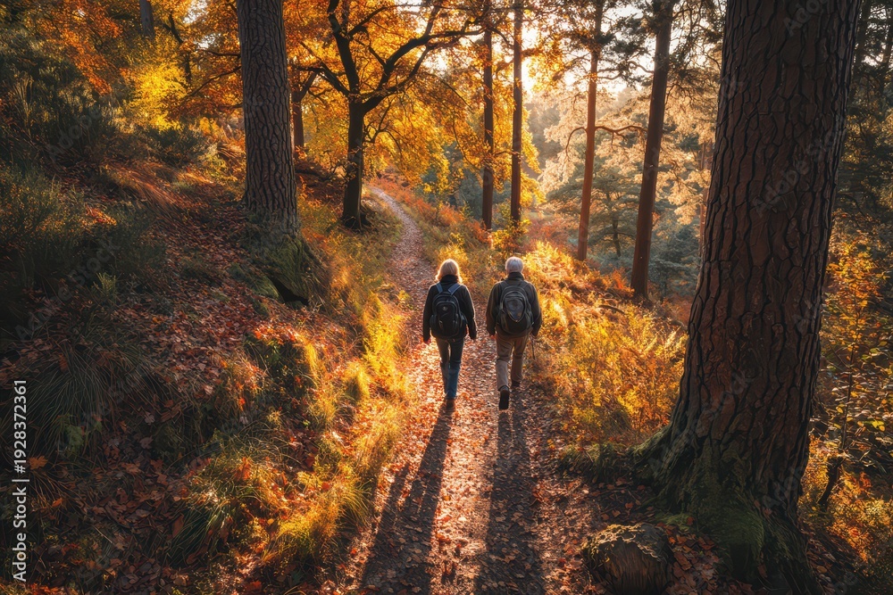 Naklejka premium Couple enjoying a serene nature walk amid fall foliage and warm light