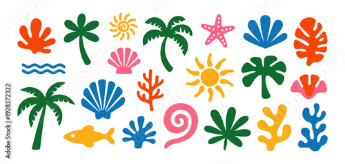 Abstract modern vector sea ocean vacation elements in simple wavy groovy naive style design vintage trendy templates summer beach travel illustration decorative patterns artwork